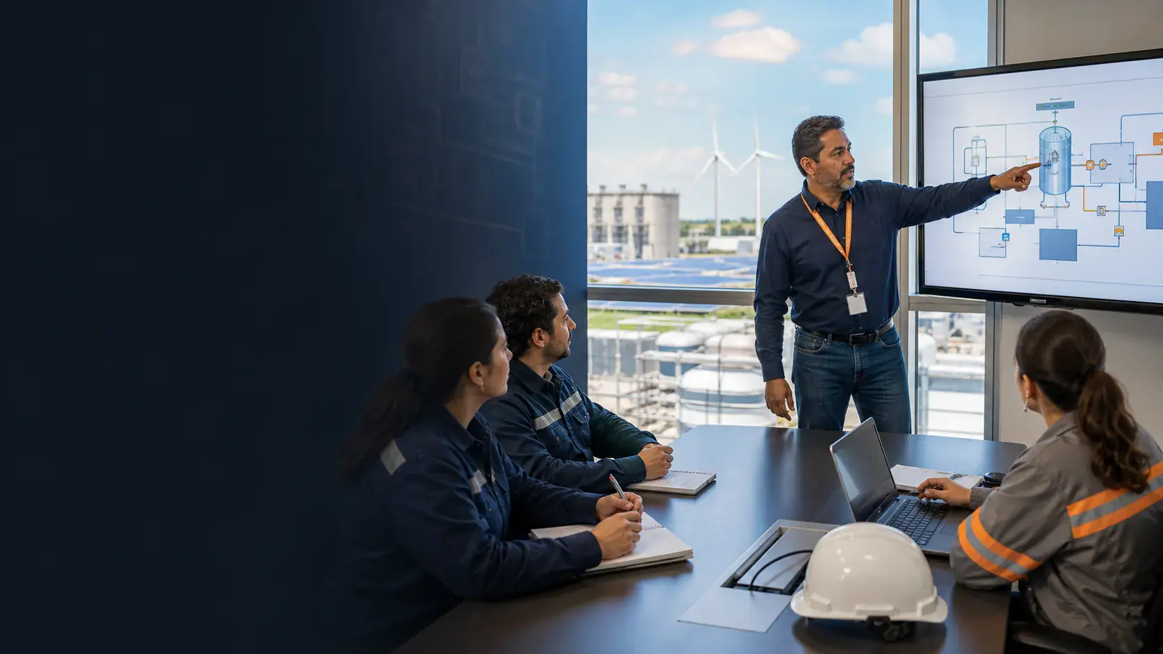 Especialista impartiendo capacitación técnica a un equipo del sector energético
